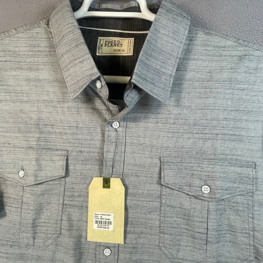 Free Planet Shirt Mens 2XL Blue Gray Short Sleeve Stretch Big & Tall Button Down